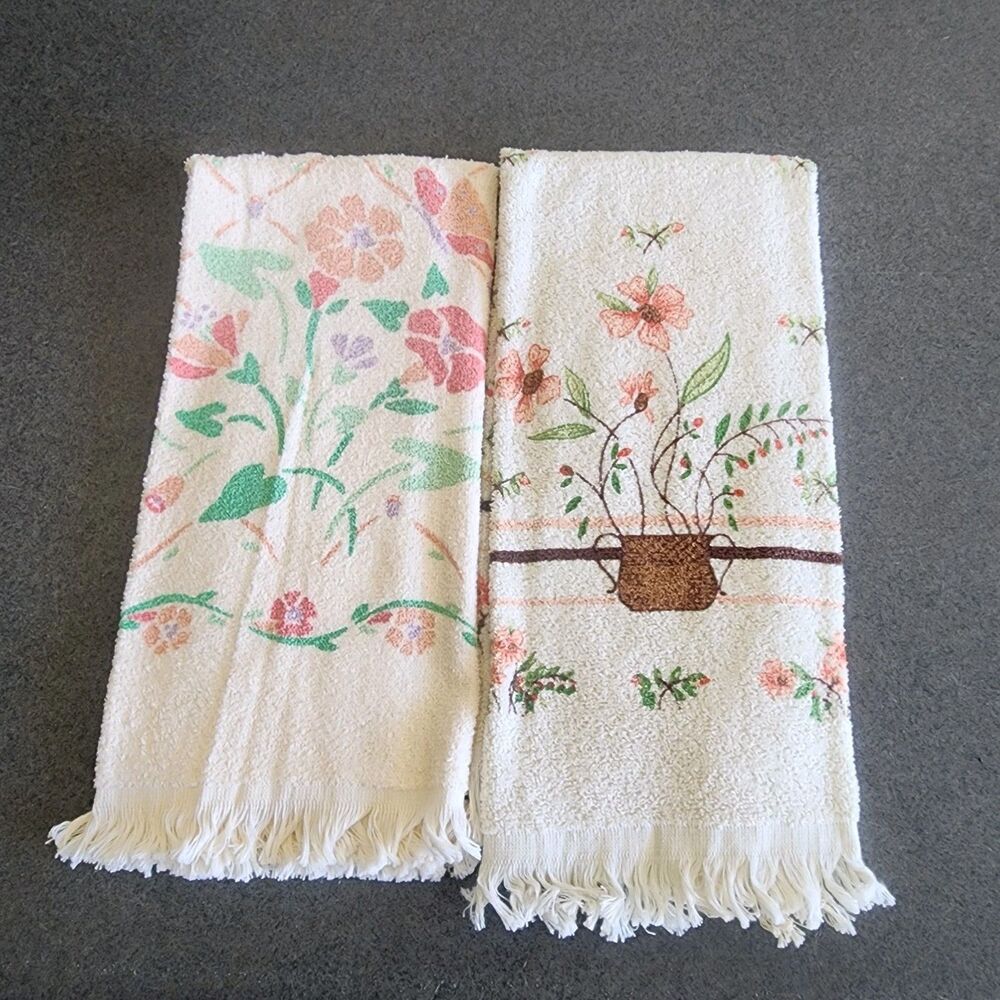 Vintage Pair Floral Hand Towels Cream Pink Green Terry Cloth Fringe Retro MCM